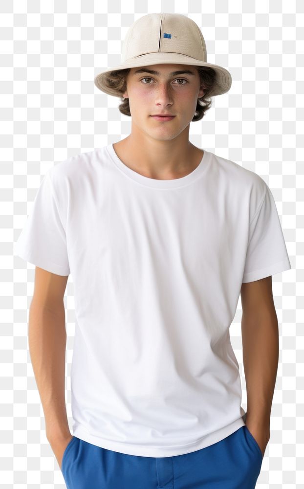 PNG White boy wear gap hat stip brown line t-shirt and blue short white background outerwear beachwear. AI generated Image…