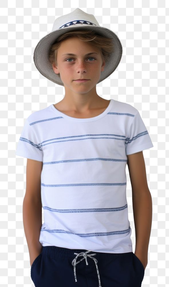 PNG White boy wear gap hat stip line t-shirt and blue short child happiness beachwear. AI generated Image by rawpixel.