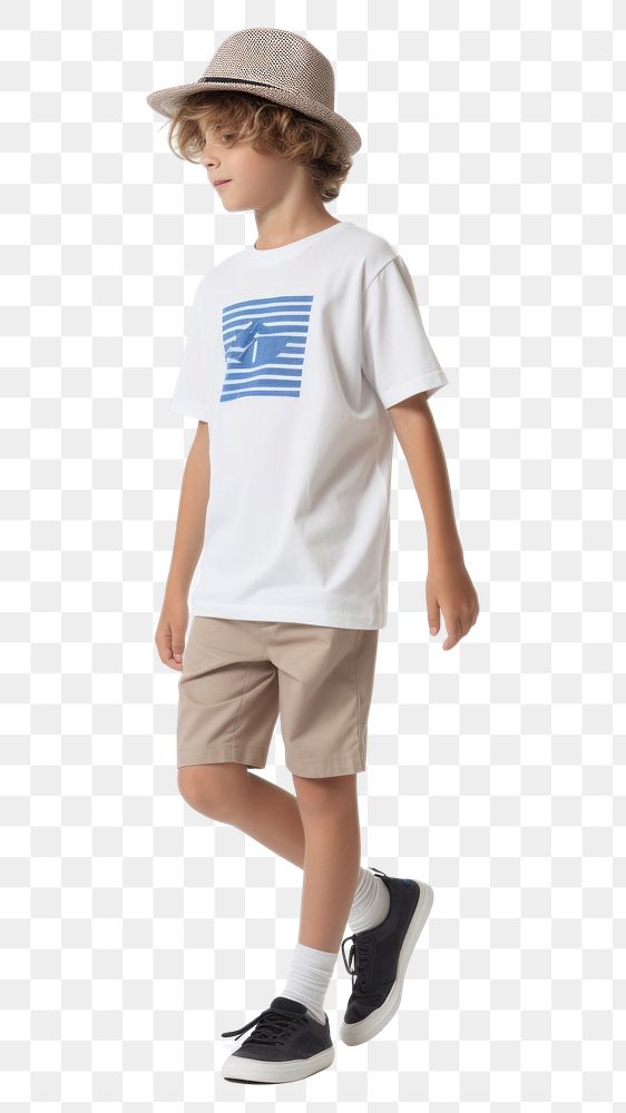 PNG White boy wear gap hat stip line t-shirt and blue short shorts child white background. AI generated Image by rawpixel.
