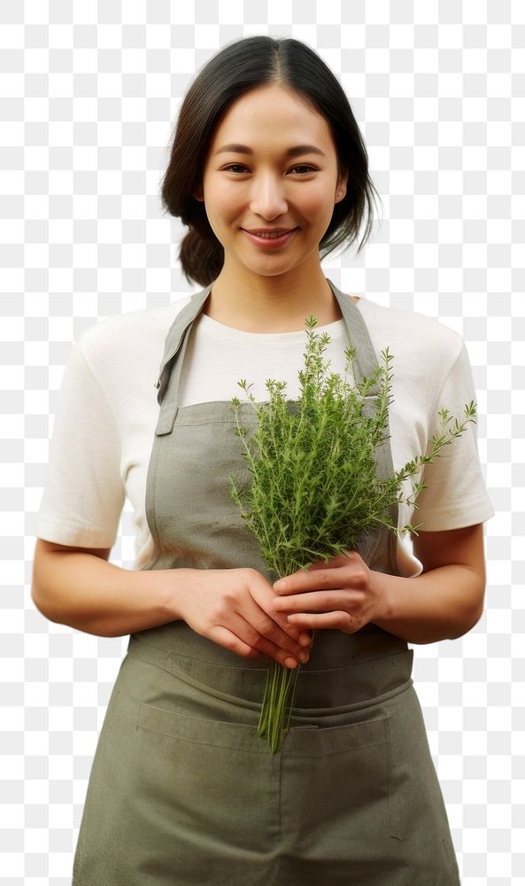 PNG  Woman holding Thyme herbs adult plant smile.