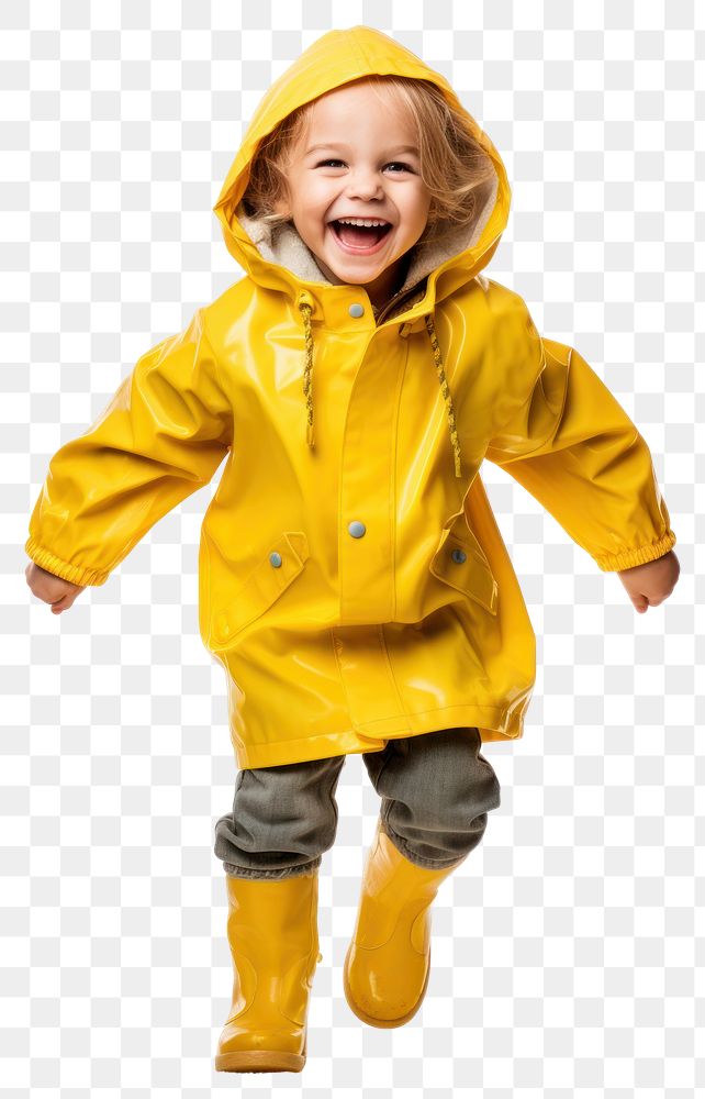 PNG  Kid in raincoat yellow white background protection.