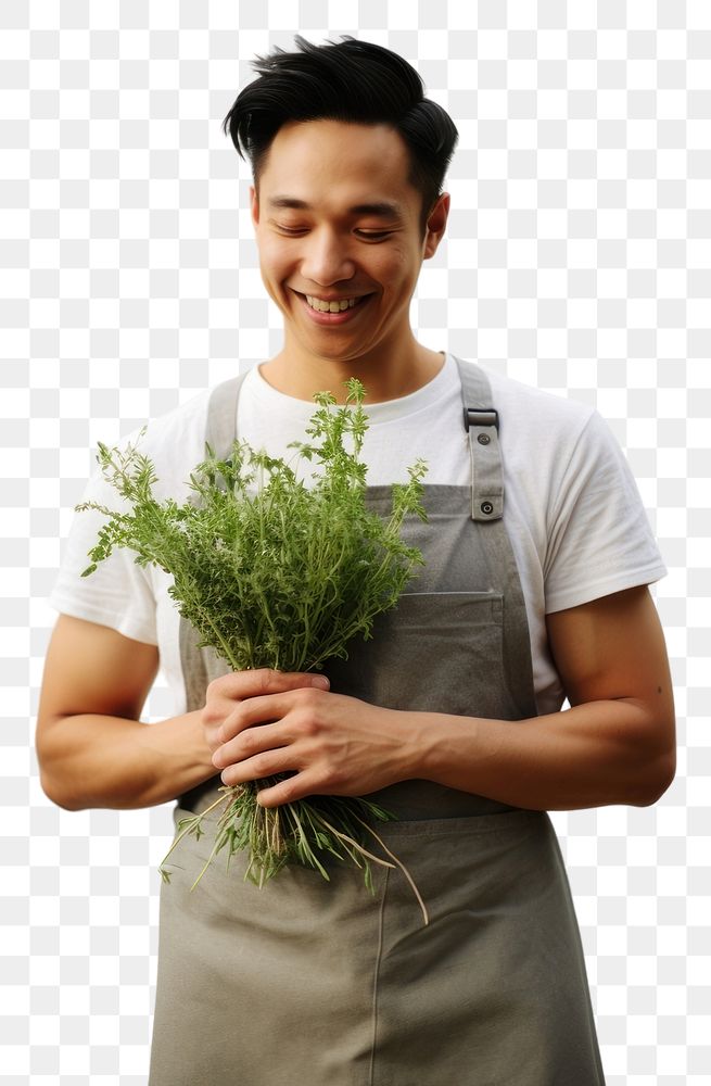 PNG  Man holding Thyme herbs gardening plant entrepreneur.