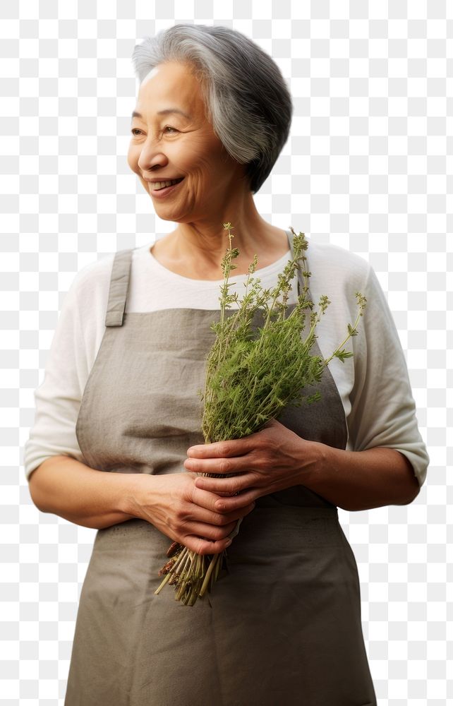 PNG  Woman holding Thyme herbs adult smile retirement.