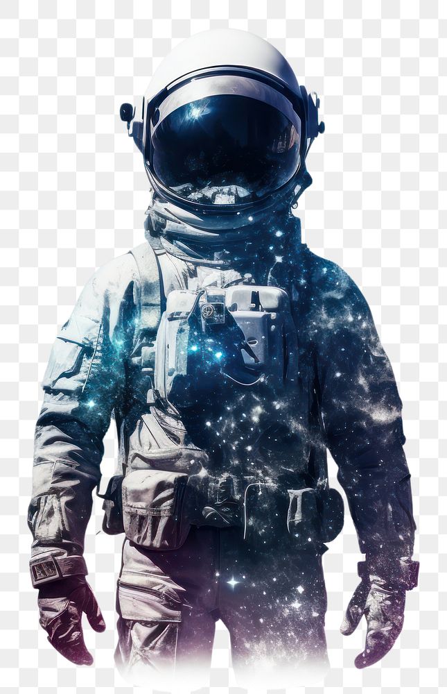 PNG  Double exposure photography astronaut and milky way galaxy helmet adult white background.