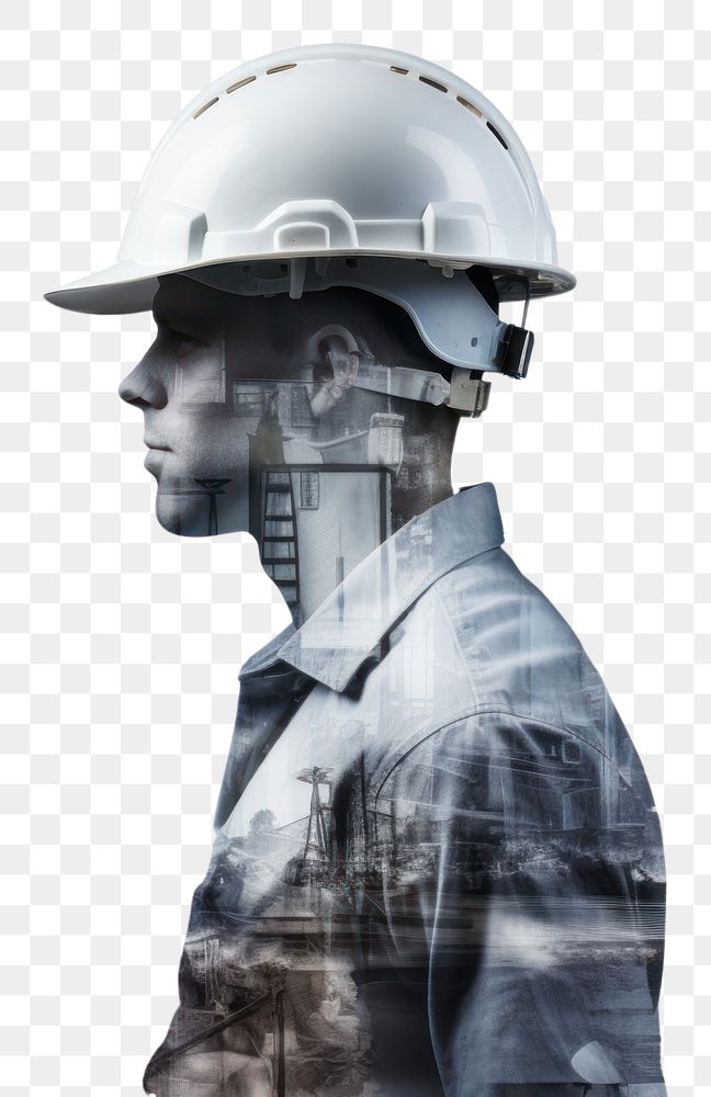 PNG  Double exposure photography engineer and construction site hardhat helmet adult.