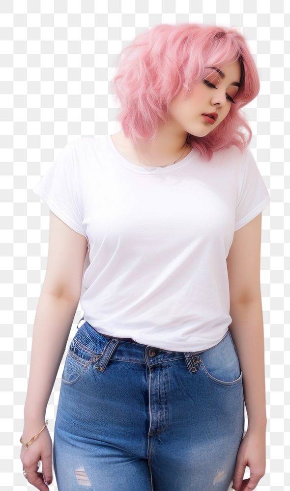 PNG Woman in white t-shirt adult pink hair.