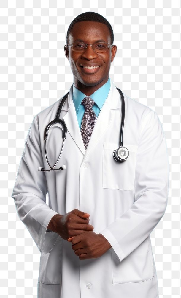 PNG African Male doctor looking up with arms crossed adult male stethoscope.