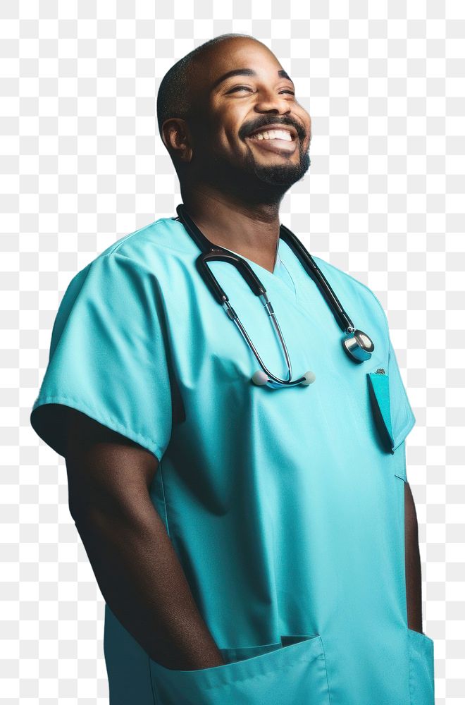 PNG African Male doctor looking up with arms crossed adult male stethoscope.