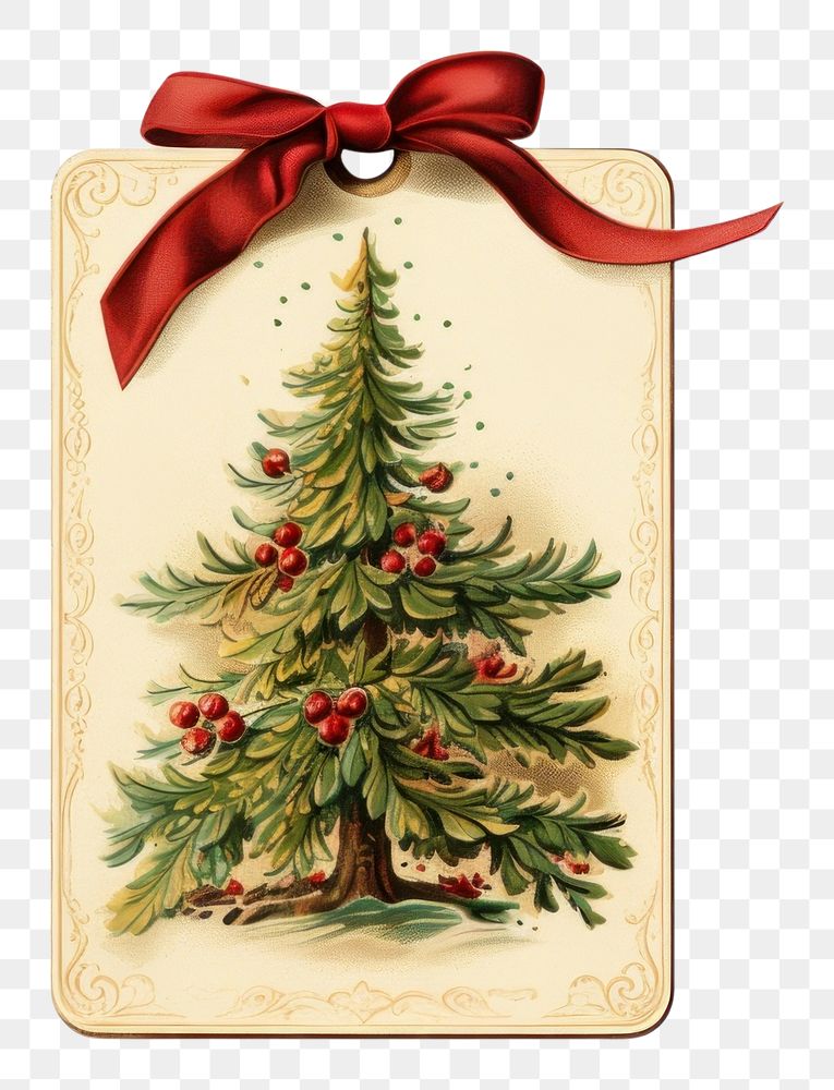 PNG Vintage christmas gift tag plant tree white background.