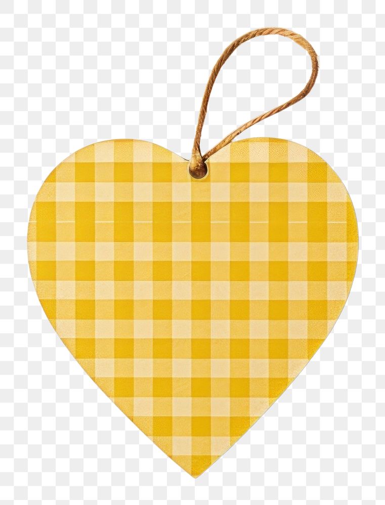 PNG Yellow checked pattern heart shaped paper gift tag white background accessories decoration.