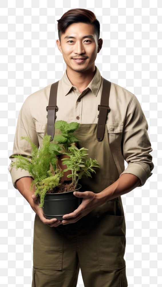 PNG Man gardener plant gardening holding. 