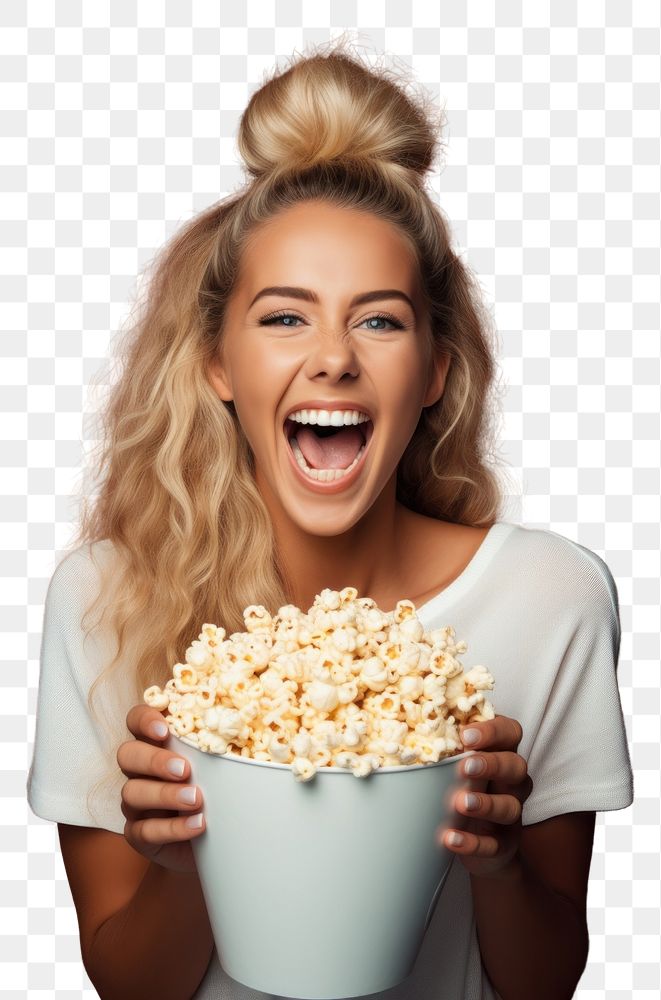 PNG  Woman holding popcorn laughing portrait smiling. AI generated Image by rawpixel.