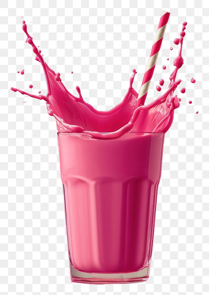 PNG Striped straws in a glass of splashing strawberry milkshake smoothie refreshment freshness.