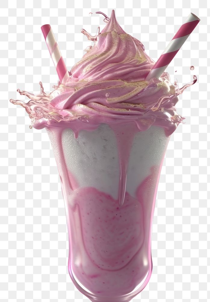 PNG Striped straws in a glass of splashing strawberry milkshake smoothie dessert drink.