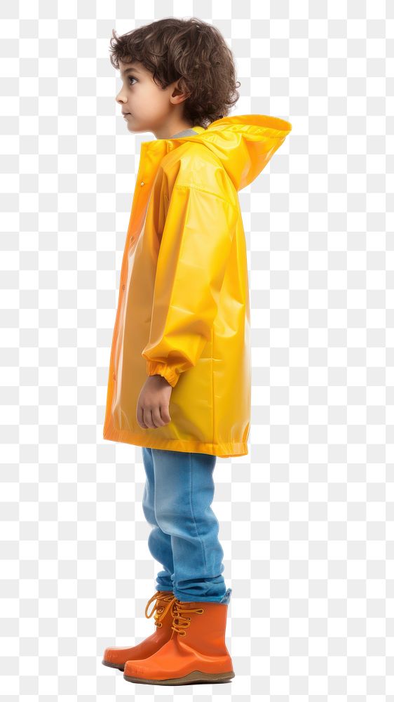 PNG  Kid in raincoat looking child white background.