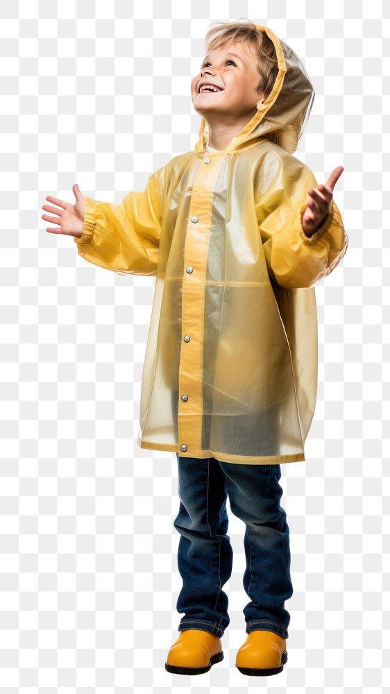 PNG  Kid in raincoat looking white background architecture.