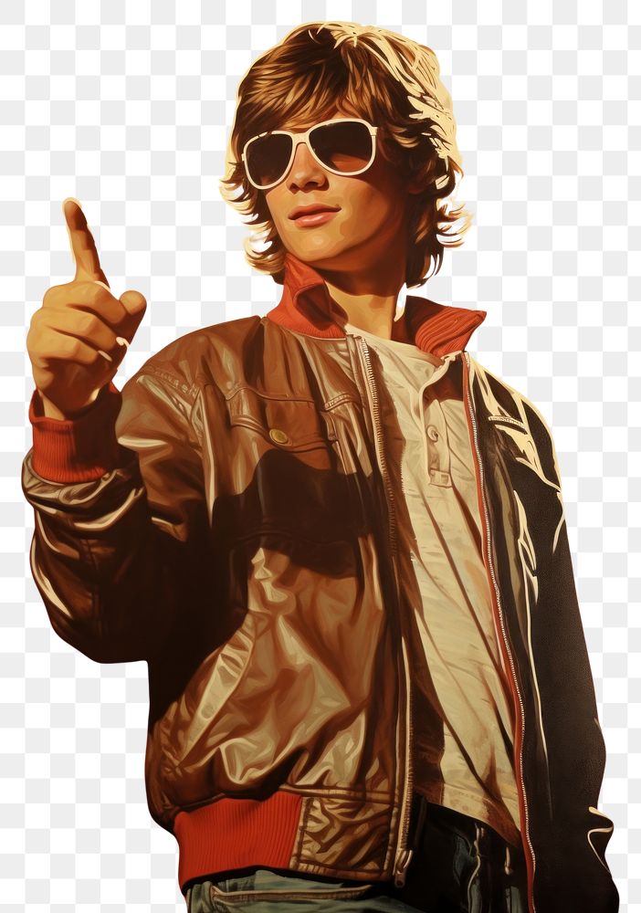 PNG A teenage boy in casual attire standing and pointing his thumb to the side sunglasses portrait jacket. AI generated…
