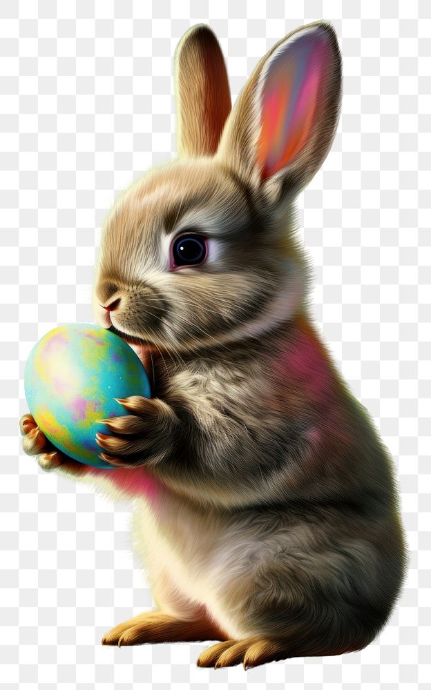 PNG  A little baby bunny holding an Easter egg in its tiny paws rodent animal mammal. 