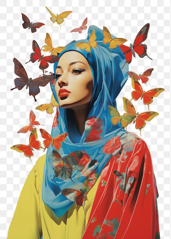 PNG  A muslim Chinese female with bultterflies art portrait fashion. AI generated Image by rawpixel.