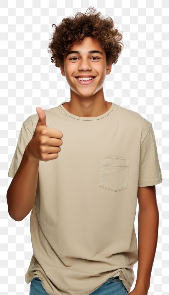 PNG A teenage boy in casual attire standing and pointing his thumb finger to the side to presenting a product smile t-shirt…
