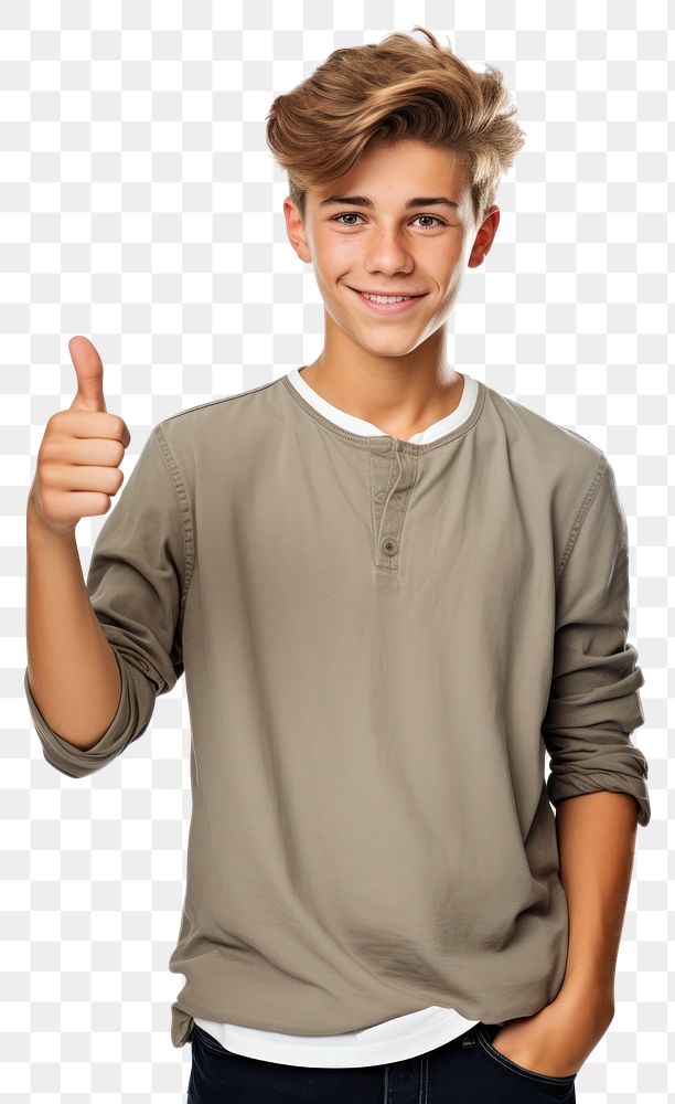 PNG A teenage boy in casual attire standing and pointing his thumb to the side smile t-shirt sleeve. AI generated Image by…