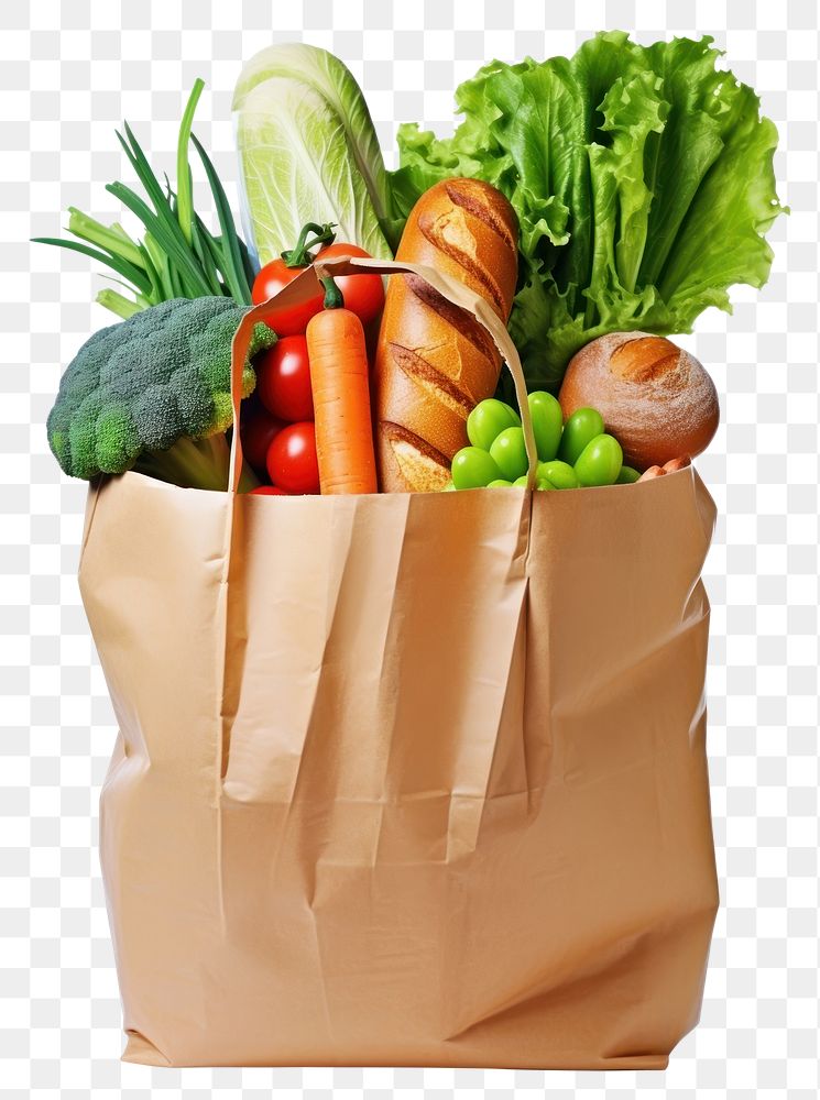 PNG Fresh vegetables and bread in the paper shopping bag food white background consumerism. 