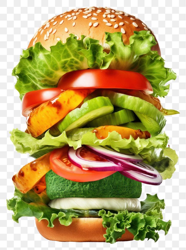 PNG Vegetables in a vegetables burger food white background hamburger.