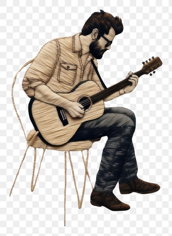 PNG A man playing laptop in embroidery style musician guitar chair.