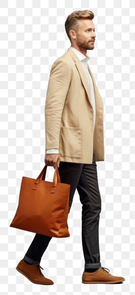 PNG  A man with tote bag handbag walking person.