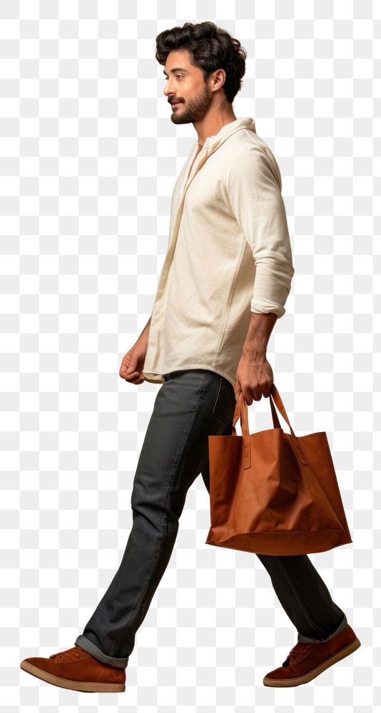 PNG  A man with tote bag footwear handbag walking.