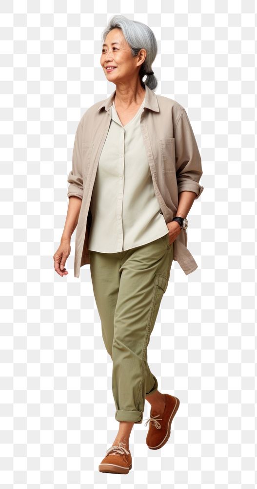 PNG  A Asian senior woman walking person khaki.