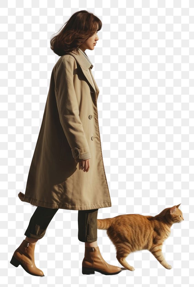 PNG  A person with a cat footwear overcoat walking.