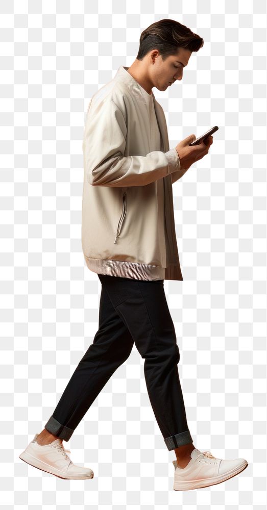 PNG  A person holding phone footwear standing walking.