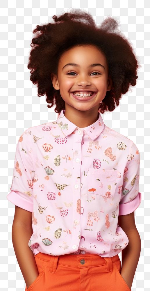 PNG Young African American girl stands smile pattern sleeve.