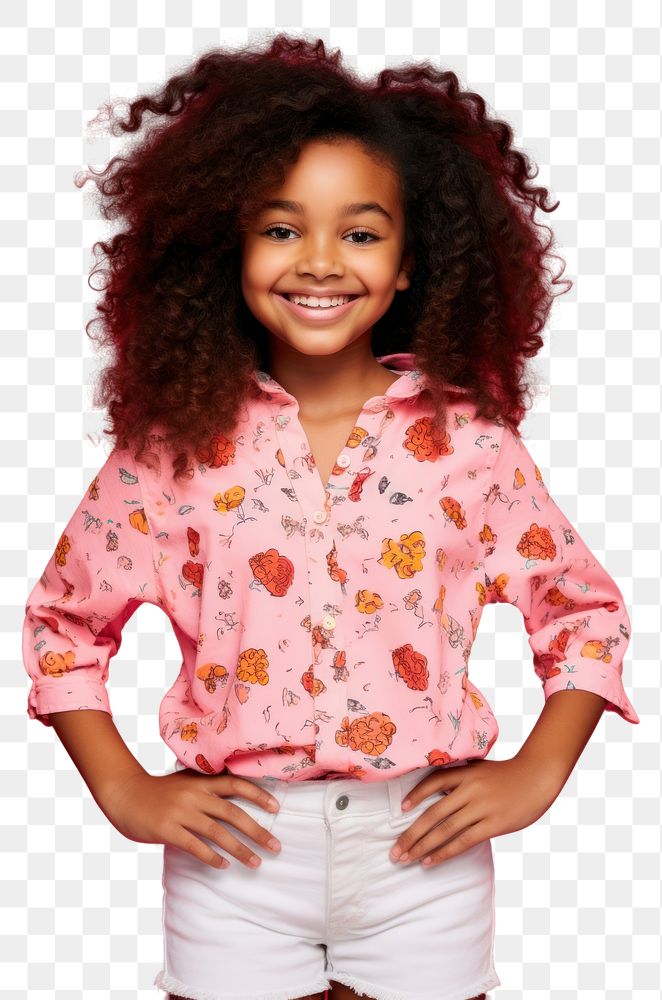 PNG Young African American girl stands smile pattern sleeve.