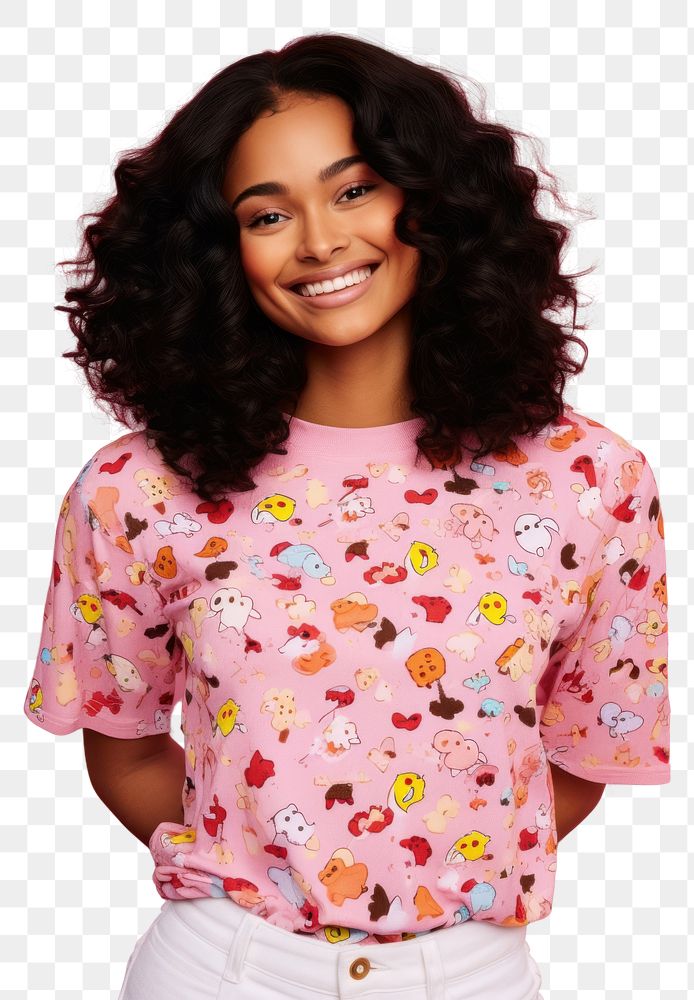 PNG Young African American woman stands smile pattern sleeve.