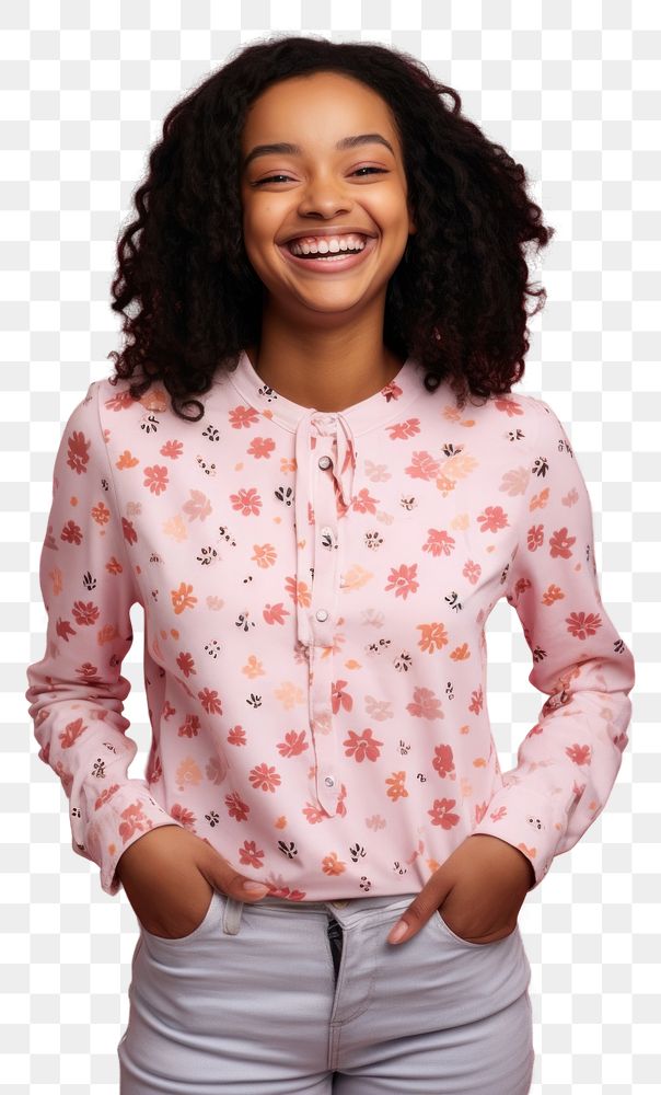 PNG Young African American woman stands smile pattern blouse.