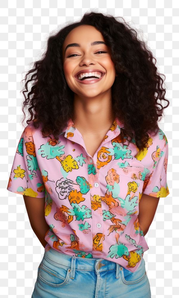 PNG Young African American woman stands smile laughing pattern.