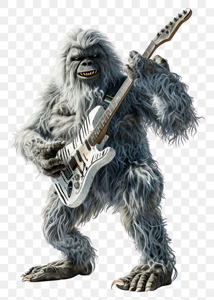PNG Yeti Bigfoot with rock and roll sign guitar mammal white background.