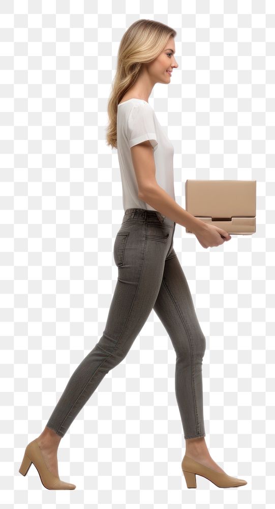 PNG  Female walking holding box cardboard footwear person.