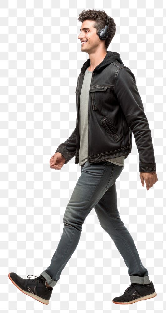 PNG  Male walking headphones footwear jacket.