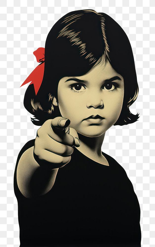 PNG A latina brazilian little girl pointing her finger to the side opposite to her portrait black art. AI generated Image by…