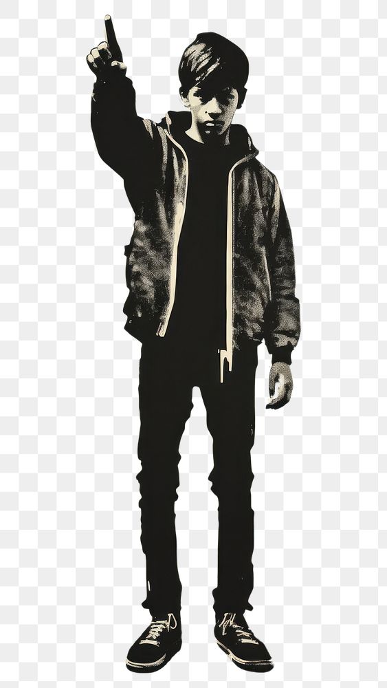 PNG A teenage boy in casual attire standing and pointing his thumb to the side portrait black phone. AI generated Image by…