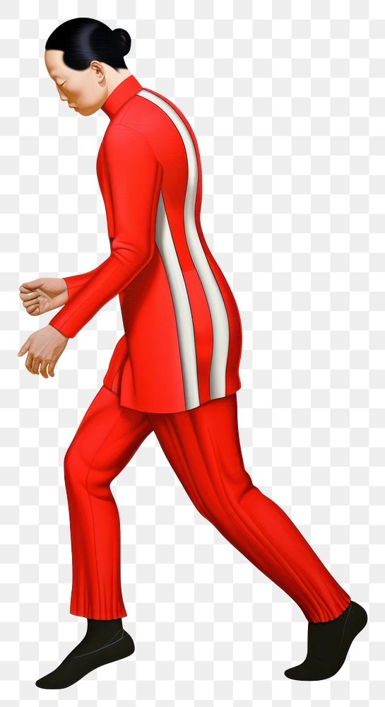 PNG  Surrealistic painting of chinese man walking red white background.