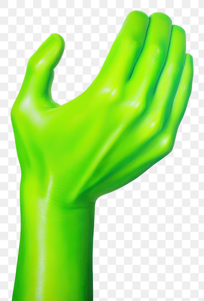 PNG  Surrealistic painting of hand with lime finger glove white background.