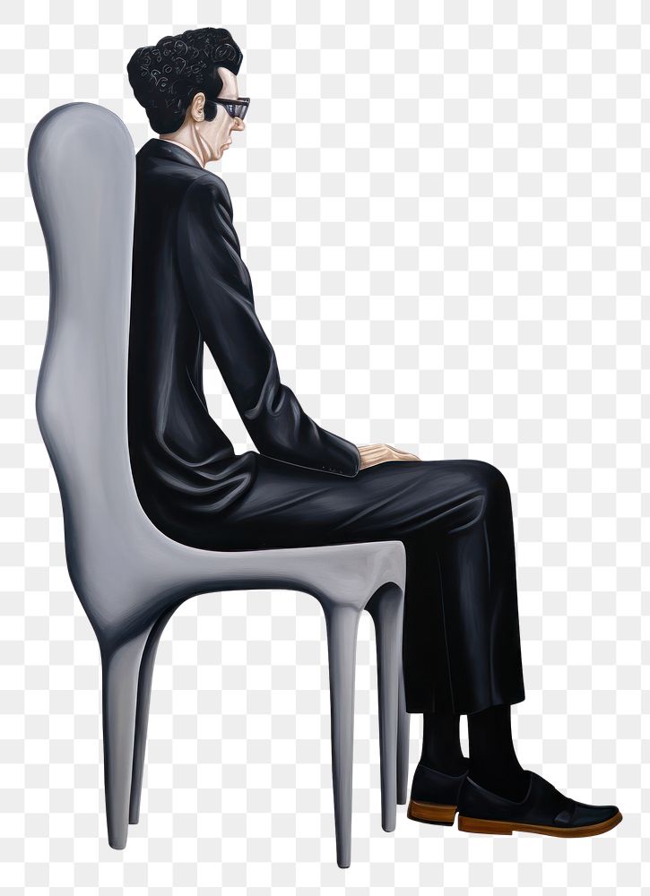 PNG  Surrealistic painting of Man sit chair furniture footwear sitting.