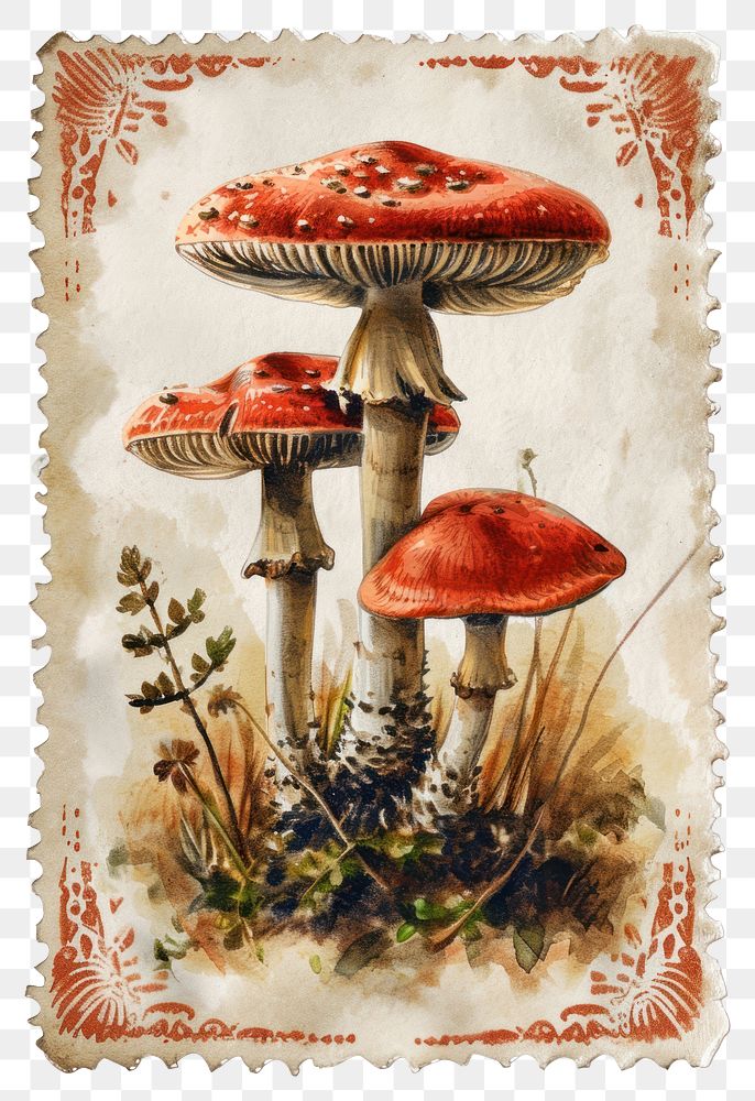 PNG Vintage stamp with mushroom fungus agaric plant.