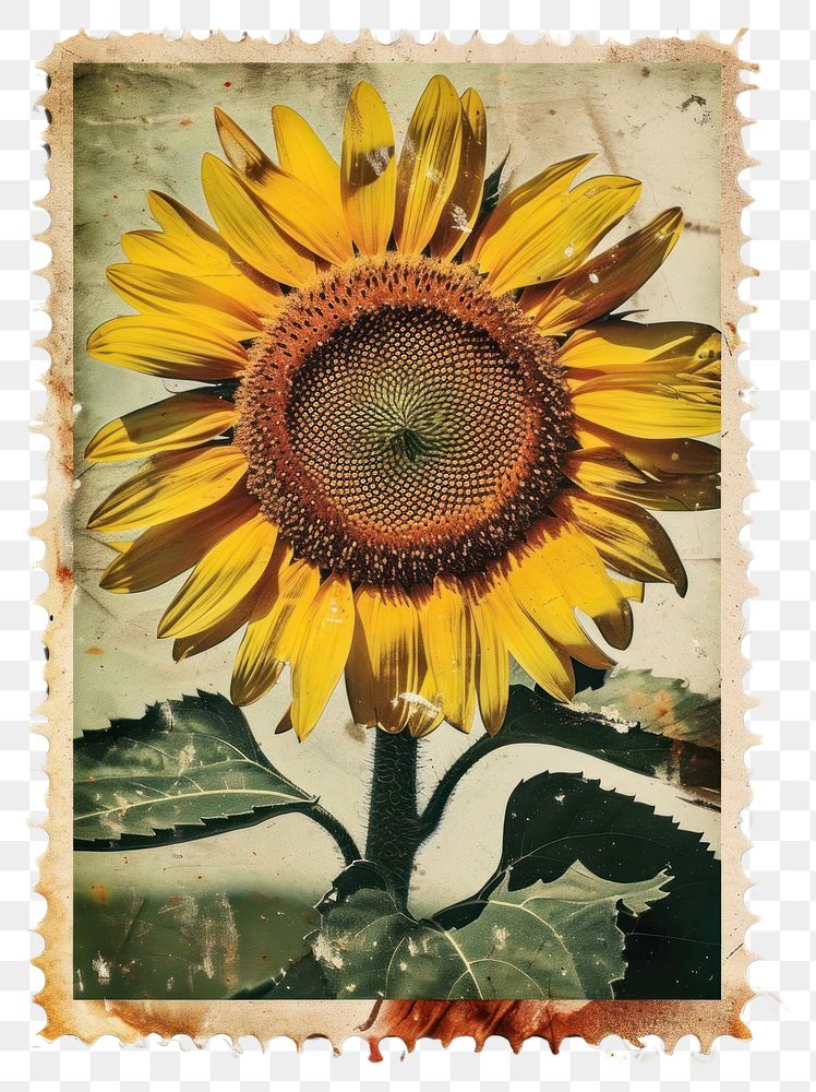 PNG Vintage stamp with sunflower plant inflorescence asterales.