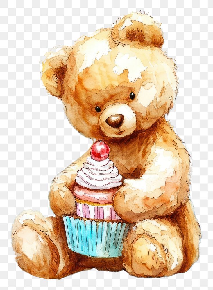 PNG Teddy bear with a cupcake dessert cute toy.