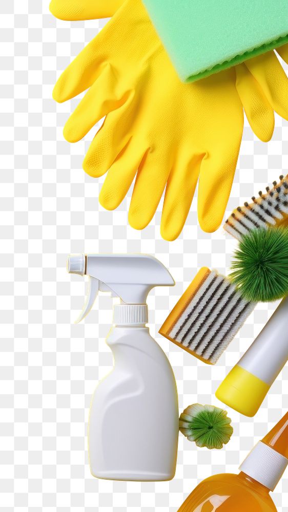 PNG  Colorful cleaning set yellow yellow background container. AI generated Image by rawpixel.